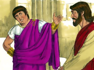 The high priest questioning Jesus. Copyright: Free Bible Images 