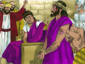 Pilate hands Jesus over to be crucified. Copyright: Free Bible Images 